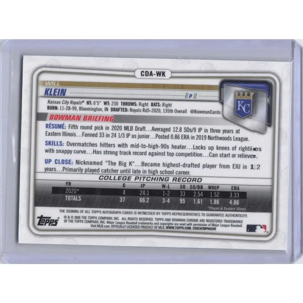 2020 Bowman Draft Chrome Will Klein 1st Bowman Auto CDA-WK Royals Autograph